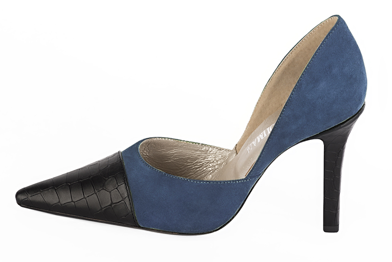 Satin black and denim blue women's open arch dress pumps. Pointed toe. Very high slim heel. Profile view - Florence KOOIJMAN
